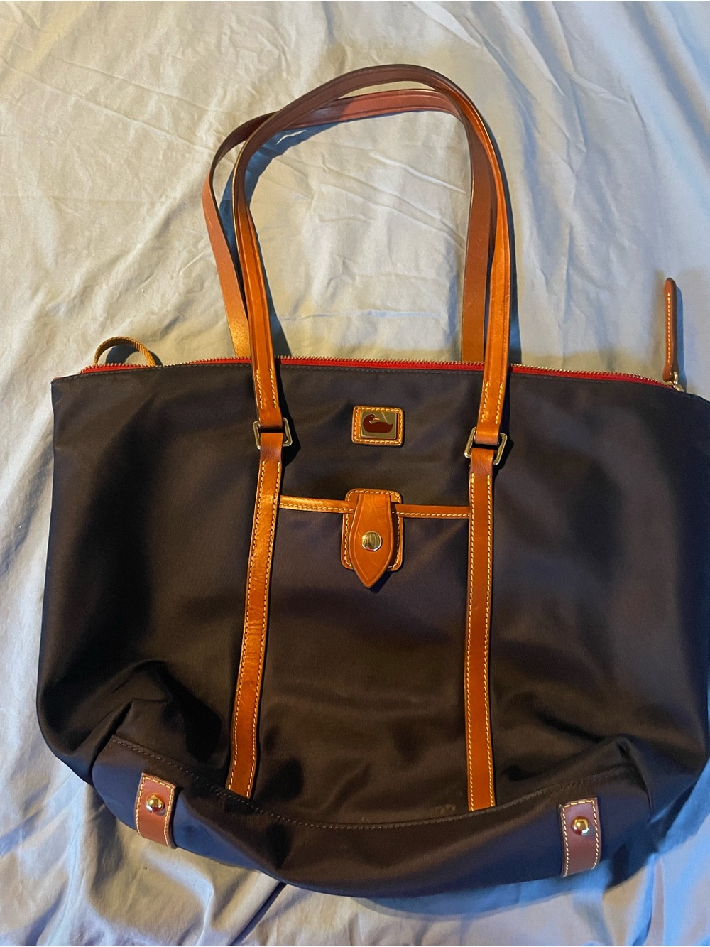 Dooney & Bourke Brown Tote with Tan Leather Trim and Red Zip